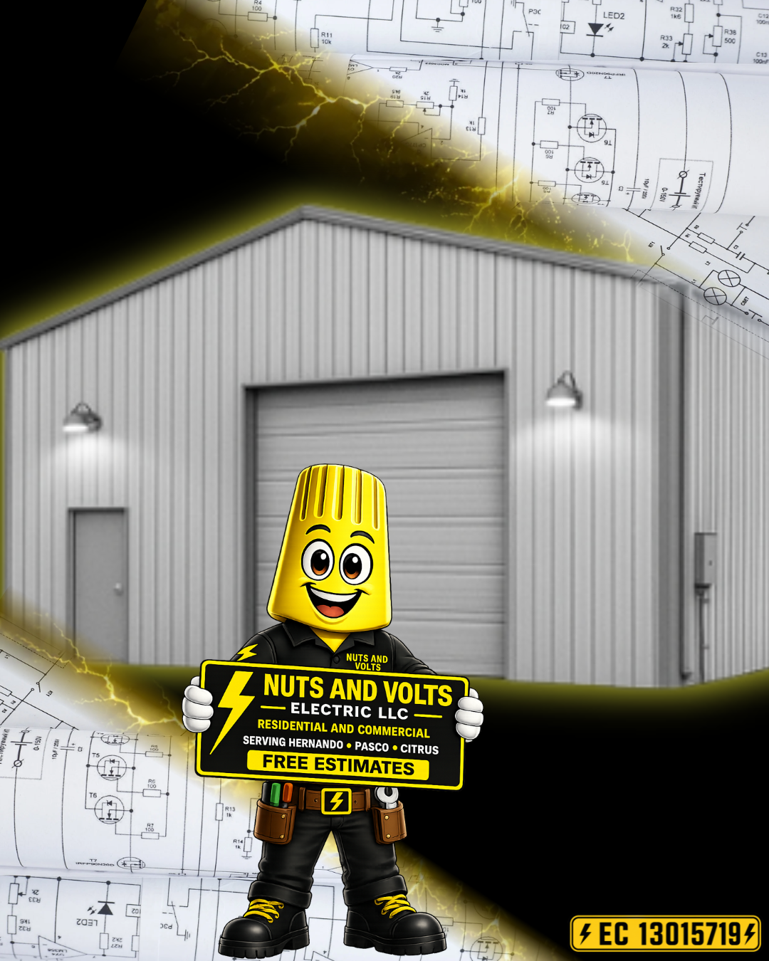 A cartoon character with a yellow Lego-like head, dressed as an electrician, holding a sign advertising 'Nuts and Volts Electric LLC' with info about electrical services and free estimates, standing in front of a metal building with a garage door. The background has schematic diagrams and lightning effects.