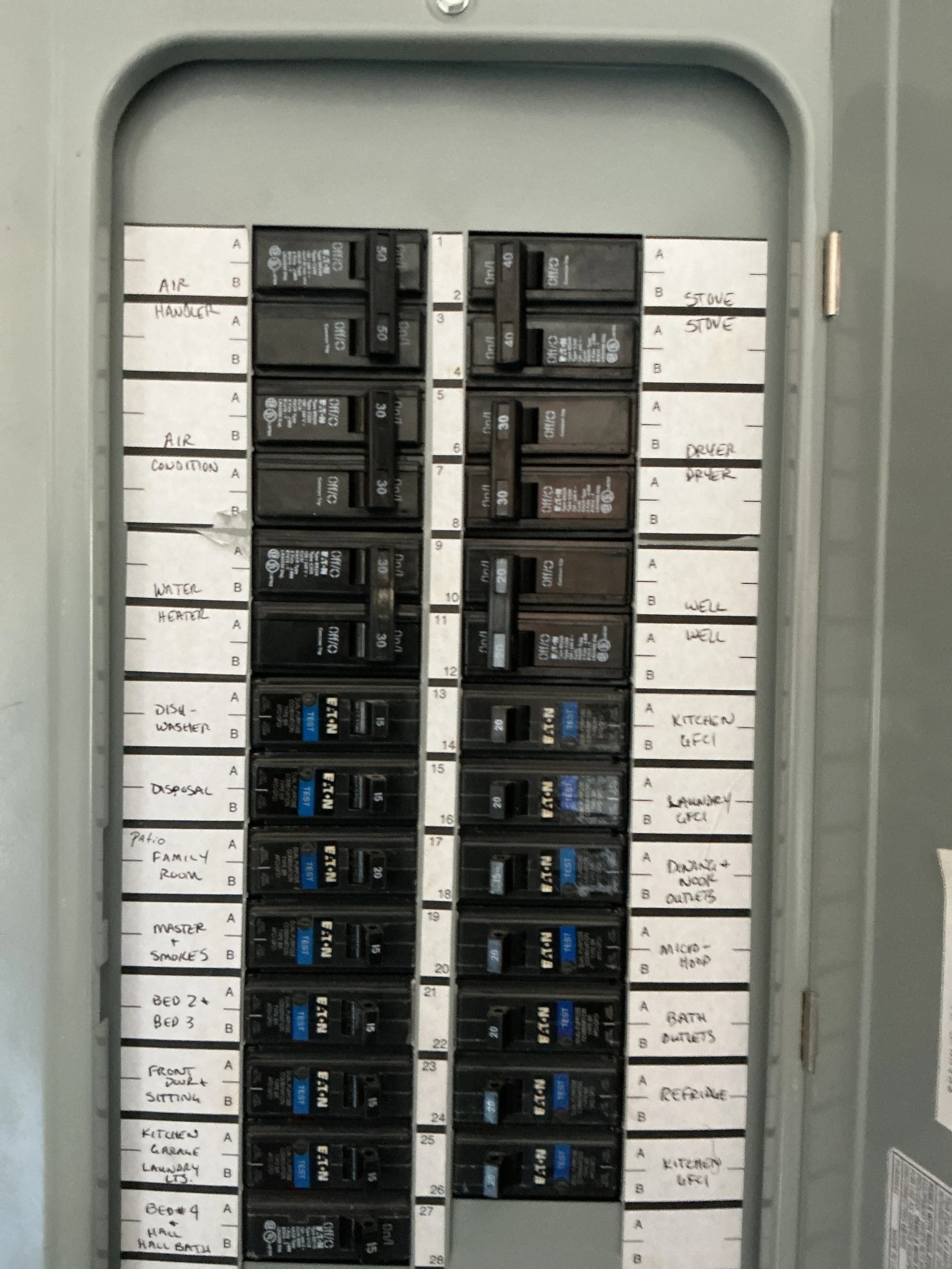 Electrical breaker box with handwritten labels for different circuits, such as air, water, dryer, well, kitchen, laundry, bathroom, and others.