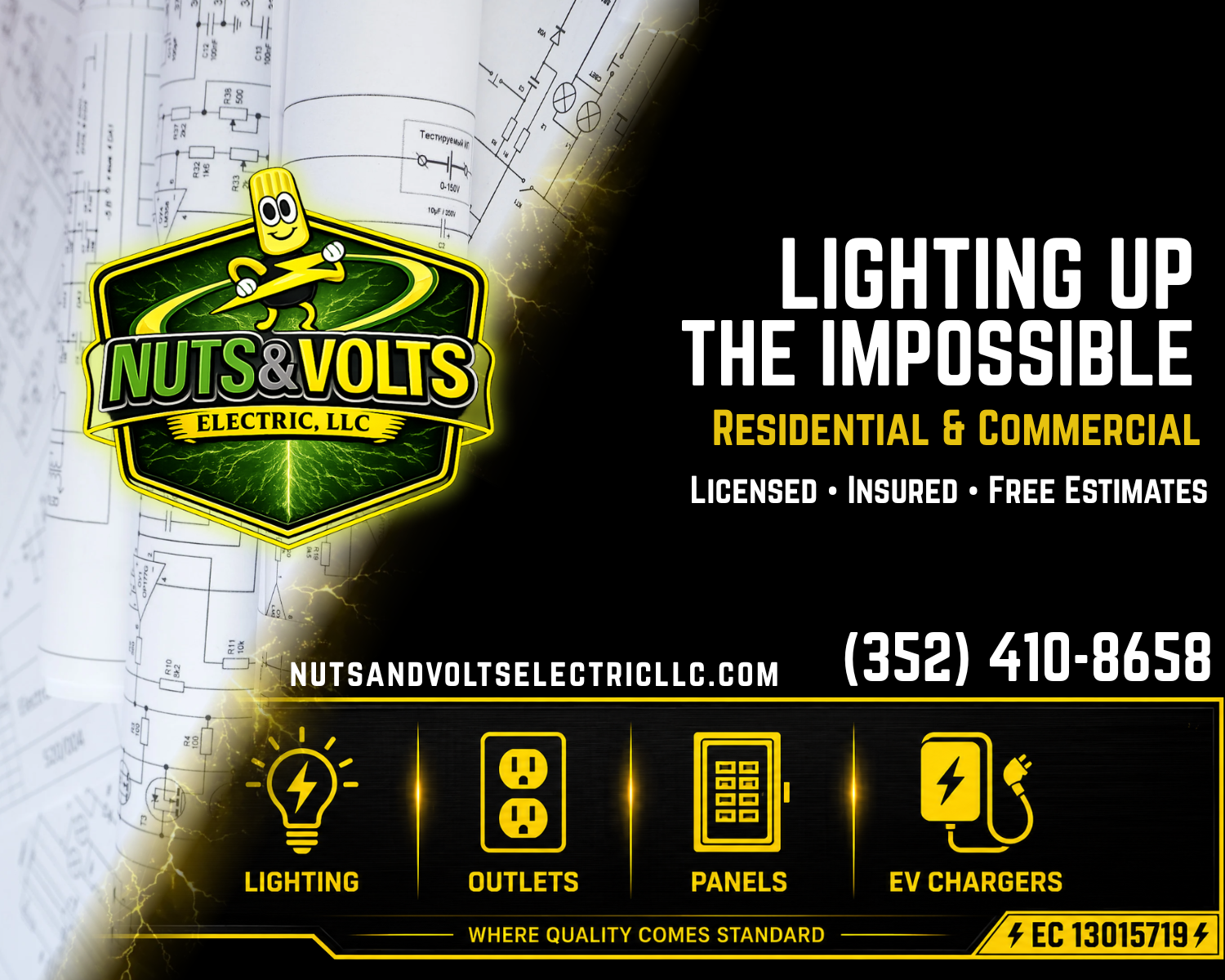 Nuts & Volts Electric advertisement with blueprint background and residential electrical services.