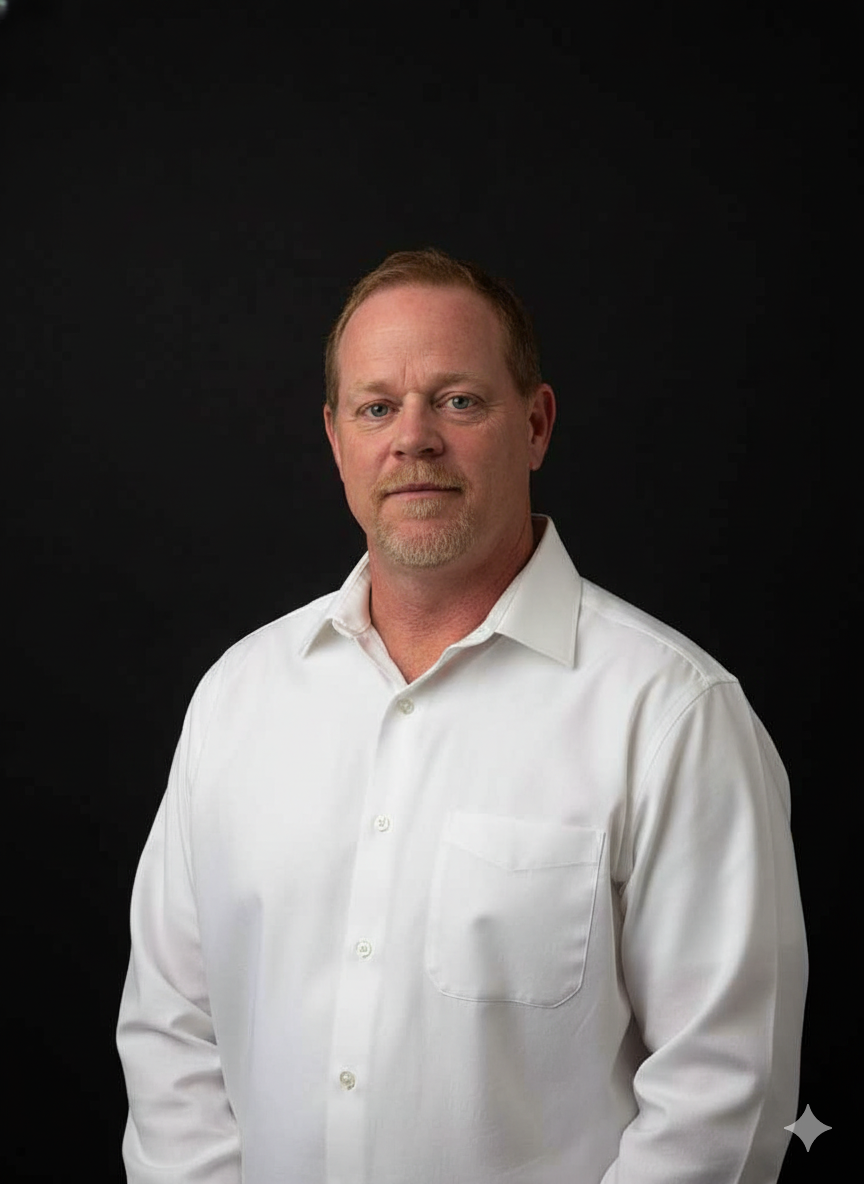 A middle-aged man with short, light brown hair and a trimmed beard, wearing a white button-up shirt, standing against a black background.