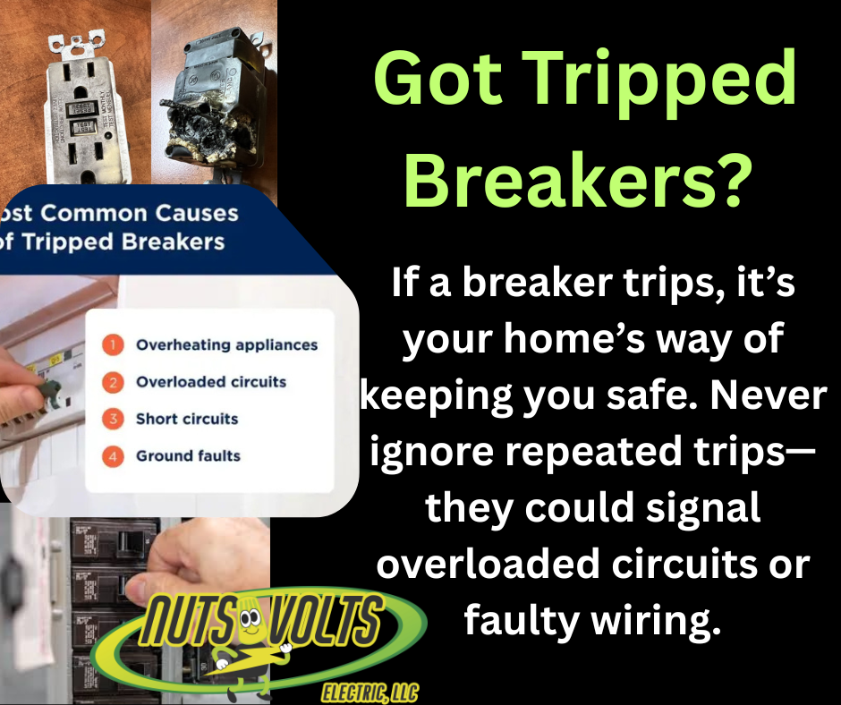 An informational graphic about tripped circuit breakers, featuring images of a damaged breaker, a normal breaker, a list of common causes like overheating appliances, overloaded circuits, short circuits, and ground faults, along with a warning that repeated trips may signal dangerous electrical issues.