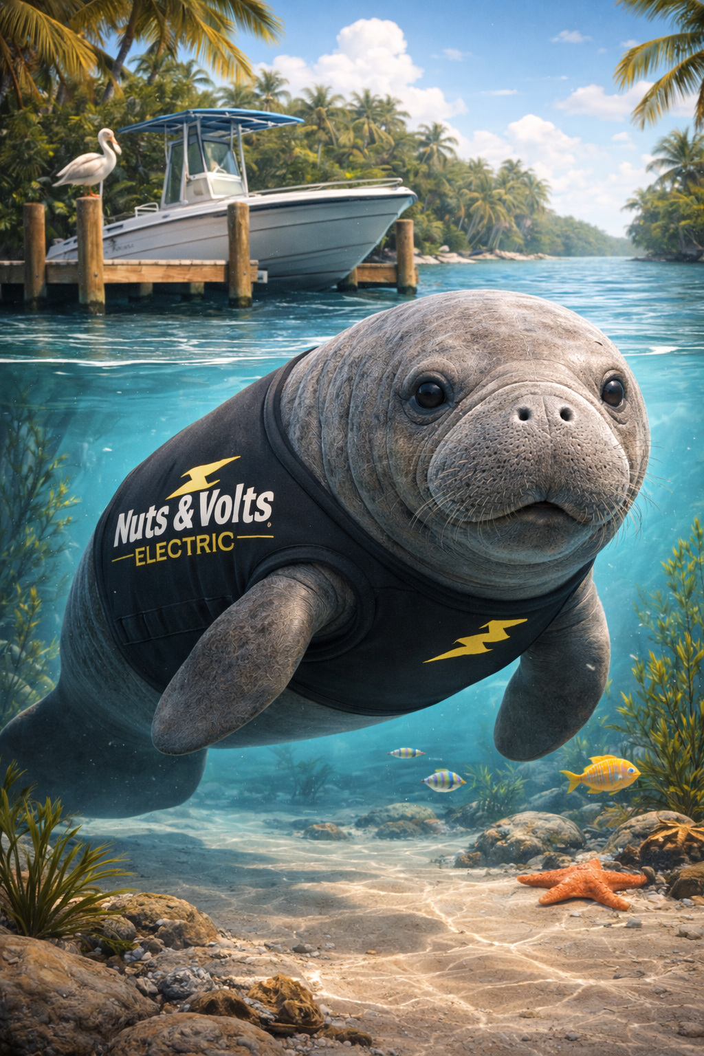 A digitally created underwater scene featuring a baby sea turtle wearing a black shirt with the words 'Nuts & Volts Electric' and a lightning bolt logo. The scene includes a tropical island with palm trees, a boat, a seagull, colorful fish, and a starfish on the ocean floor.