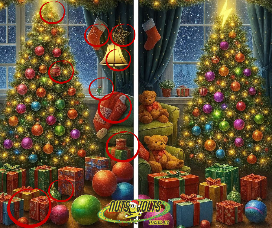 A cozy living room decorated for Christmas with two decorated Christmas trees, wrapped presents, and stuffed teddy bears. The room is illuminated by string lights and a window showing a snowy night sky.