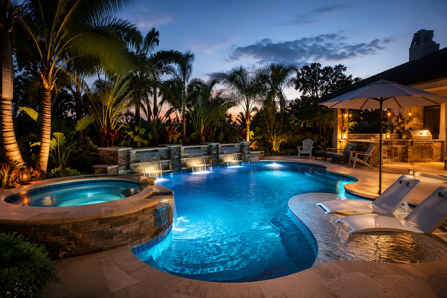 A backyard swimming pool with a hot tub, waterfalls, and surrounding landscaped tropical plants. Pool lights illuminate the water at dusk, with outdoor seating, umbrellas, and a built-in grill area visible.