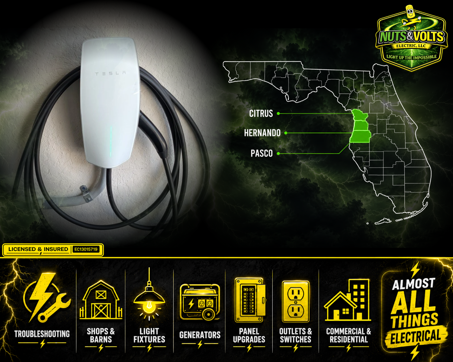 Tesla electric vehicle charging station mounted on a wall with black cables and a digital indicator. Map of Florida showing counties Citrus, Hernando, and Pasco highlighted in green. Nut & Volt logo with the slogan "Light Up the Impossible." Various electrical service icons and category labels like Troubleshooting, Shops & Barns, Light Fixtures, Generators, Panel Upgrades, Outlets & Switches, Commercial & Residential. The phrase "Almost All Things Electrical" appears in bold yellow and black text.
