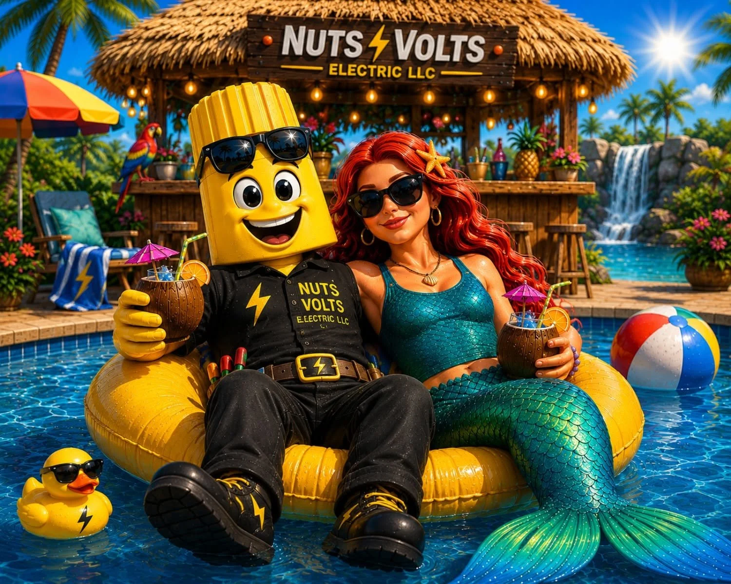 A person with a mermaid tail and a person in a costume with a nut-shaped head sitting on an inflatable raft in a pool, both holding tropical drinks with umbrellas. The scene is tropical with a thatched hut, palm trees, and a waterfall in the background.