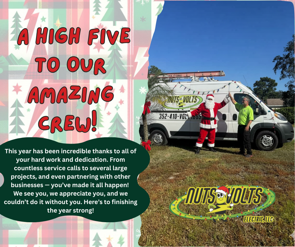 A holiday greeting card with a festive background on the left and a photo on the right showing a person dressed as Santa Claus and another person in a green shirt standing in front of a mobile service van decorated for Christmas. Santa and the other 