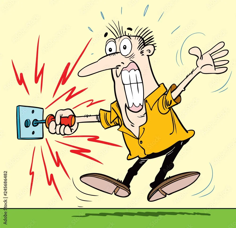 A cartoon man with a long nose and spiky hair is shocked and holding a screwdriver that is plugged into an electrical outlet, causing sparks and electrical shock.
