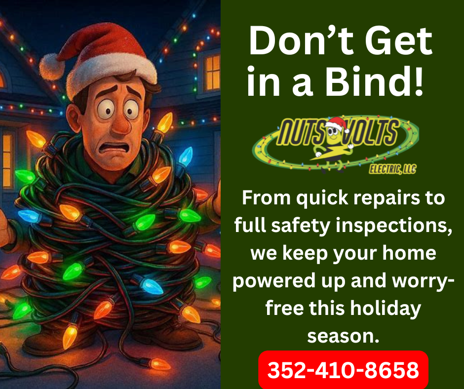 Illustration of a man wrapped in tangled Christmas lights, looking worried, with a Santa hat. The background shows a house decorated with colorful Christmas lights. The image is part of an advertisement for Nut's Volt Electric, LLC, with the slogan '