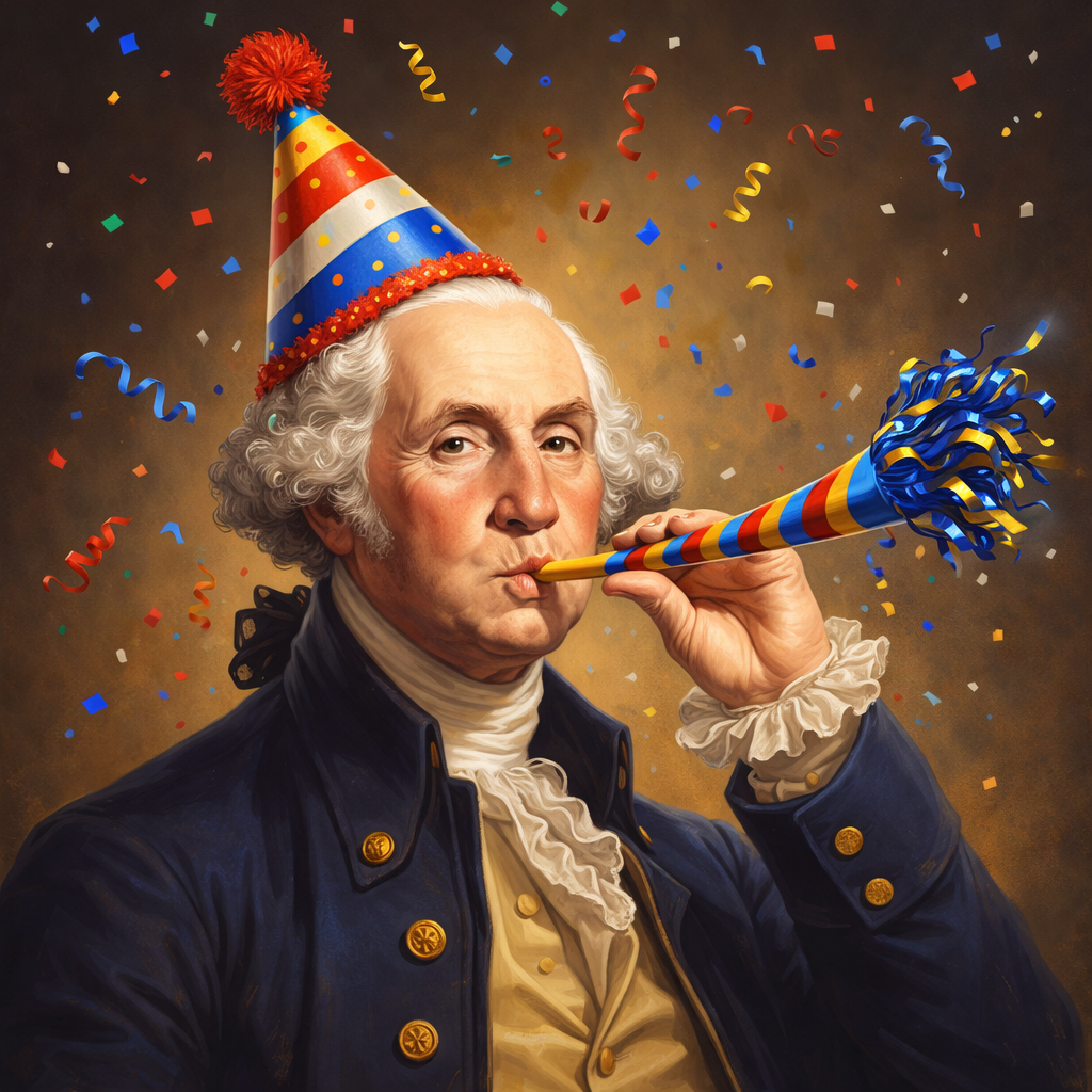 George Washington wearing a formal 18th-century style coat, holding a party horn in his mouth, wearing a colorful striped party hat, with confetti and streamers in the background celebrating.