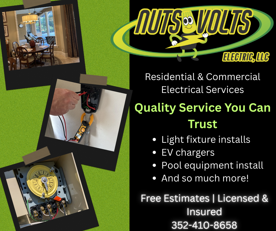 Advertisement for NUTS VOLTS ELECTRIC, LLC offering residential and commercial electrical services, including light fixture installations, EV chargers, pool equipment, and more. It features a logo with a cartoon plug character, images of electrical work, and a green and black color scheme, along with contact information.