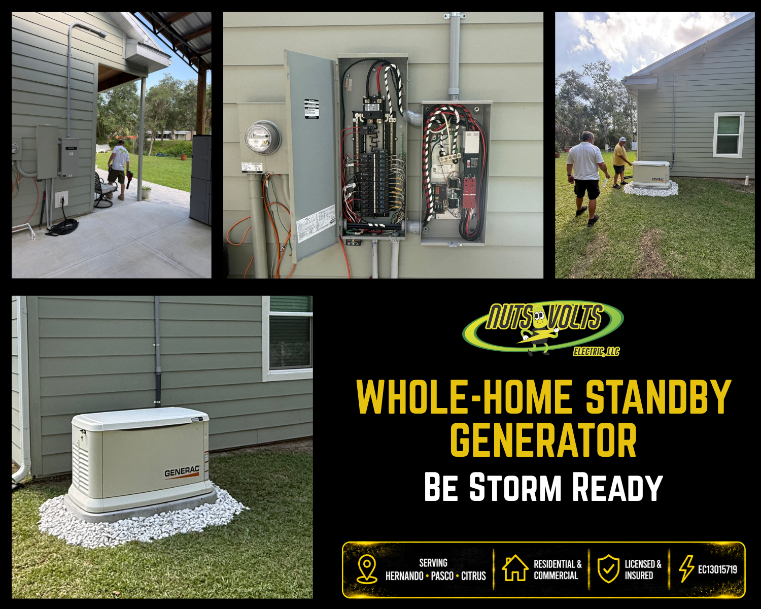 A collage of images showing a whole-home standby generator, an electrical panel, and people installing the generator outside a house, with a logo and text about storm readiness and service areas in Hernando, Pasco, and Citrus.