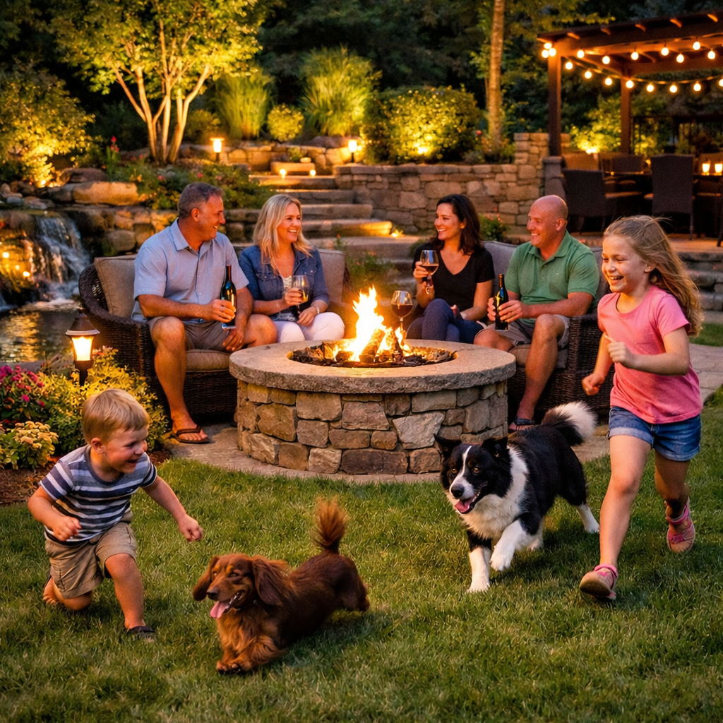 A group of adults and children enjoying a backyard evening around a fire pit, with children and dogs playing on the grass, surrounded by trees and outdoor lighting.