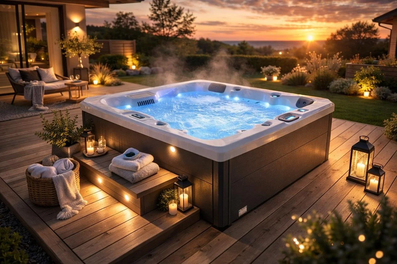 An outdoor hot tub on a wooden deck at sunset, with candles, lanterns, and towels, surrounded by a landscaped garden and outdoor furniture.