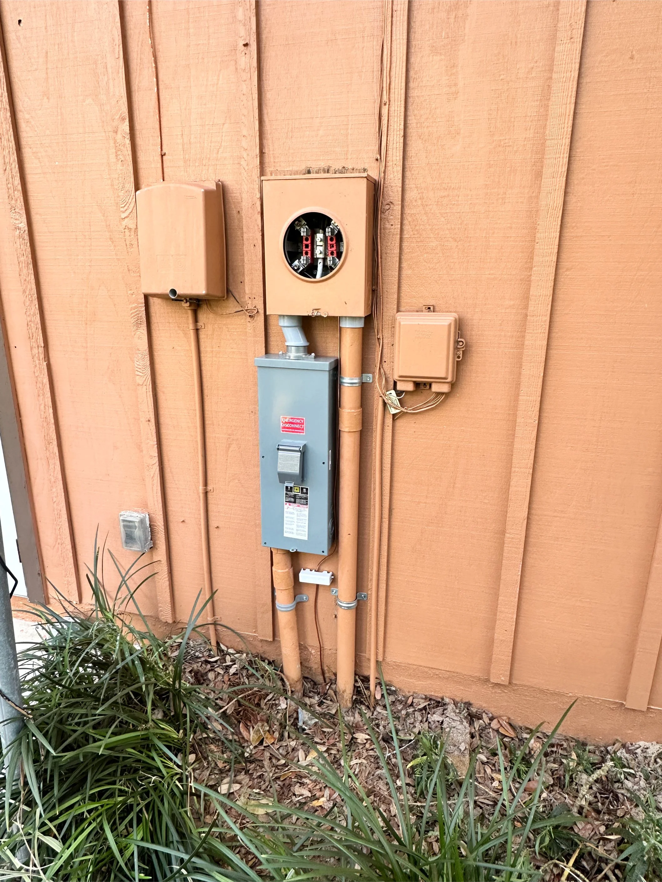 Utility meter or electrical panel with various conduit pipes and electrical boxes mounted on a wood exterior wall, surrounded by plants and dry leaves on the ground.
