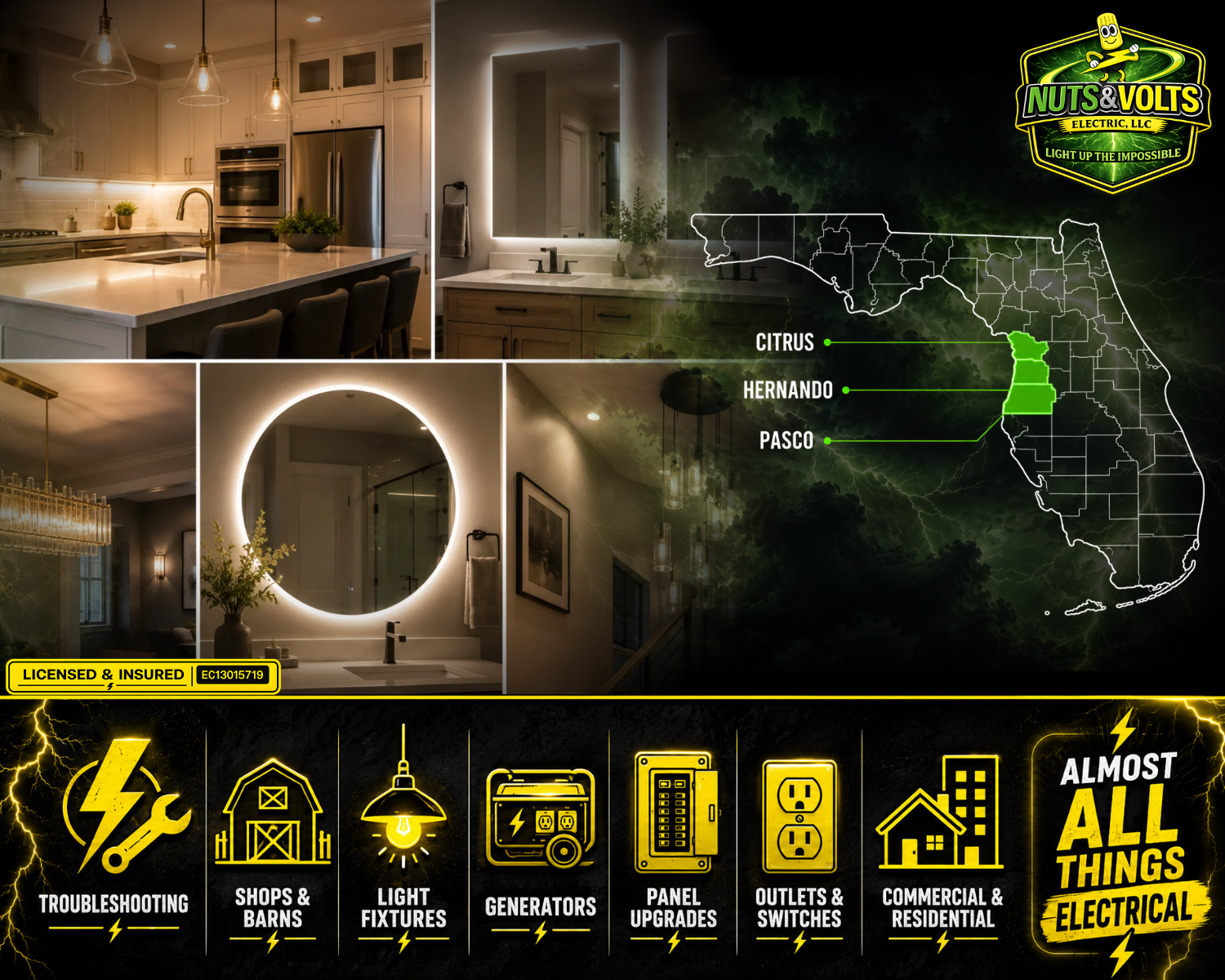 Inside a modern kitchen and bathroom with illuminated mirrors, and a map of Florida highlighting Citrus, Hernando, and Pasco counties. The image features a logo for Nuts & Volts Electric, LLC, with electrical service icons at the bottom.