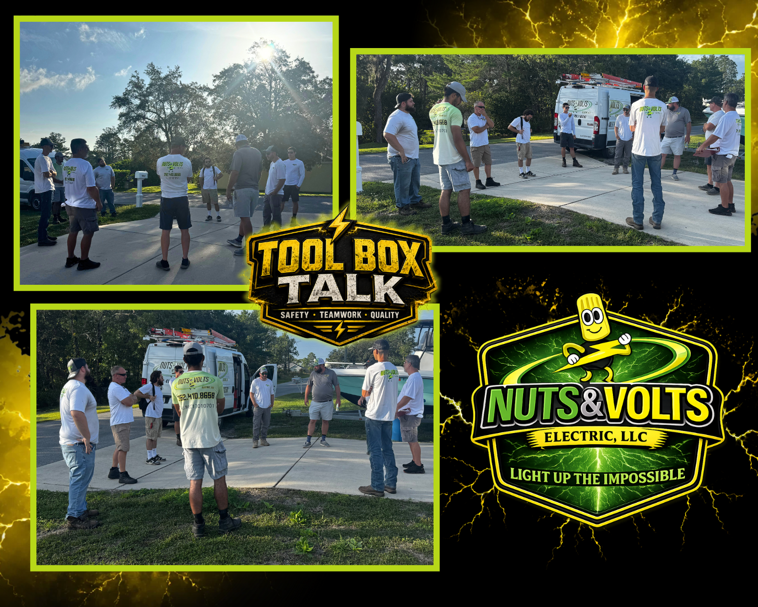 Group of people gathered outdoors near a service vehicle with a boat, participating in a safety and teamwork training session by Nuts & Volts Electric, LLC, with a logo that emphasizes lighting up the impossible.