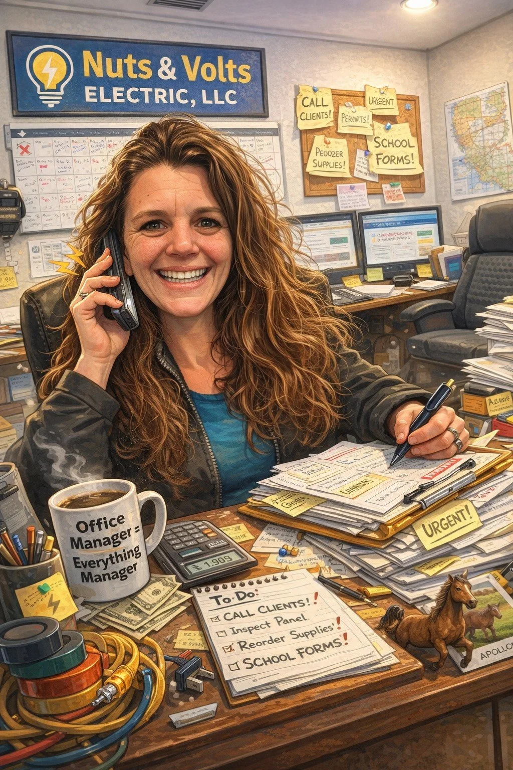 A woman with curly red hair smiling while talking on a phone in an office cluttered with papers, notes, and office supplies. The desk has a mug labeled "Office Manager = Everything Manager," a calculator, a notepad, and toy horses. Behind her, a sign reads "Nuts & Volts Electric, LLC" and there are various notes and a map on the wall.