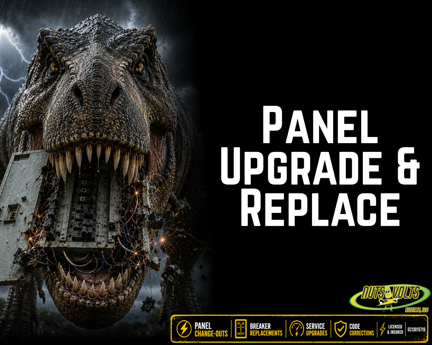 A dinosaur constructed from electronic components with sparks flying, next to a black background with bold white text reading 'Panel Upgrade & Replace' and a logo that says 'Nuts to Volt Electric, LLC' along with icons indicating change-out panels, breaker replacements, service upgrades, code corrections, and licensed insured status.