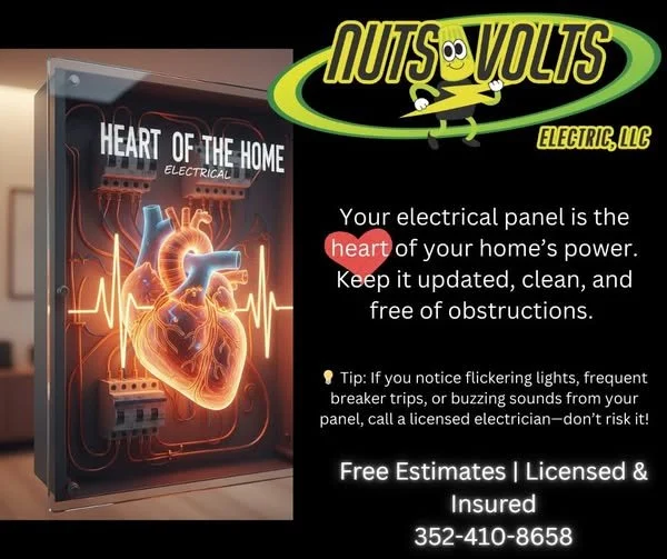 An electrical panel with a graphic of a heart and the text "Heart of the Home" and "Electrical". To the right, an advertisement for Inouts Volt, Electric LLC, emphasizes the importance of maintaining the electrical panel, with contact information and a tip about flickering lights.