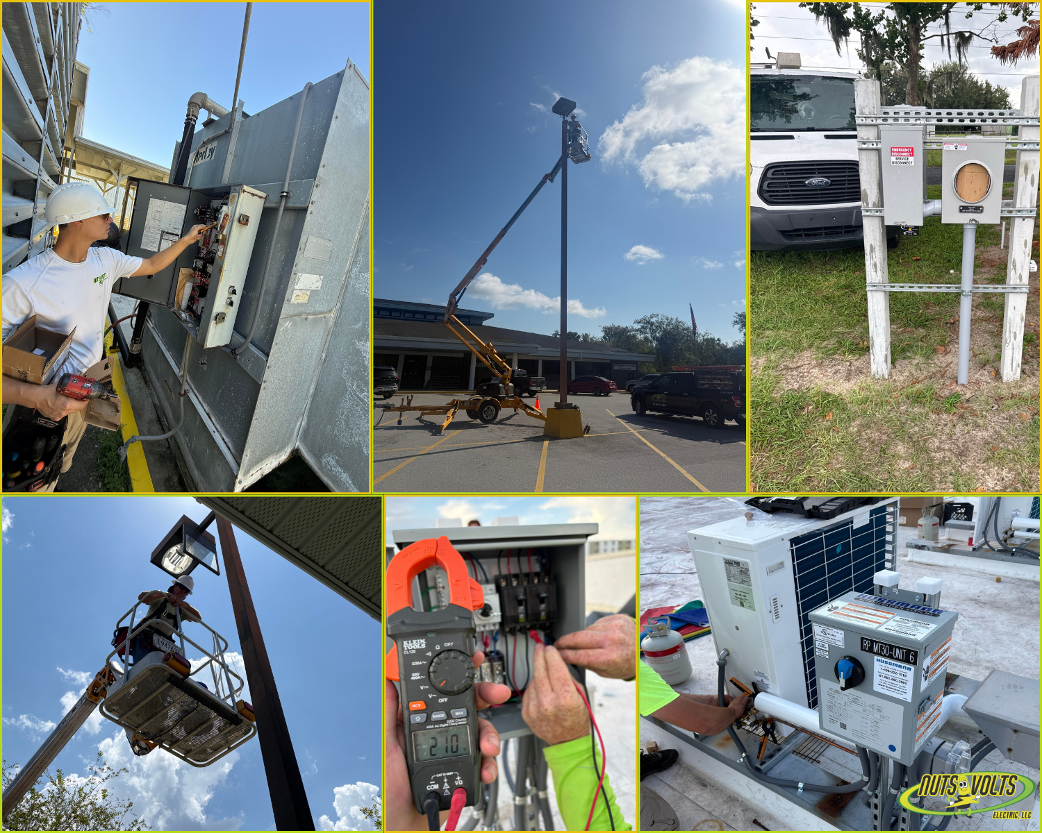 Electricians installing and maintaining electrical equipment, including a control panel, a streetlight, a box with solar panels, and a utility vehicle, with tools and safety gear.