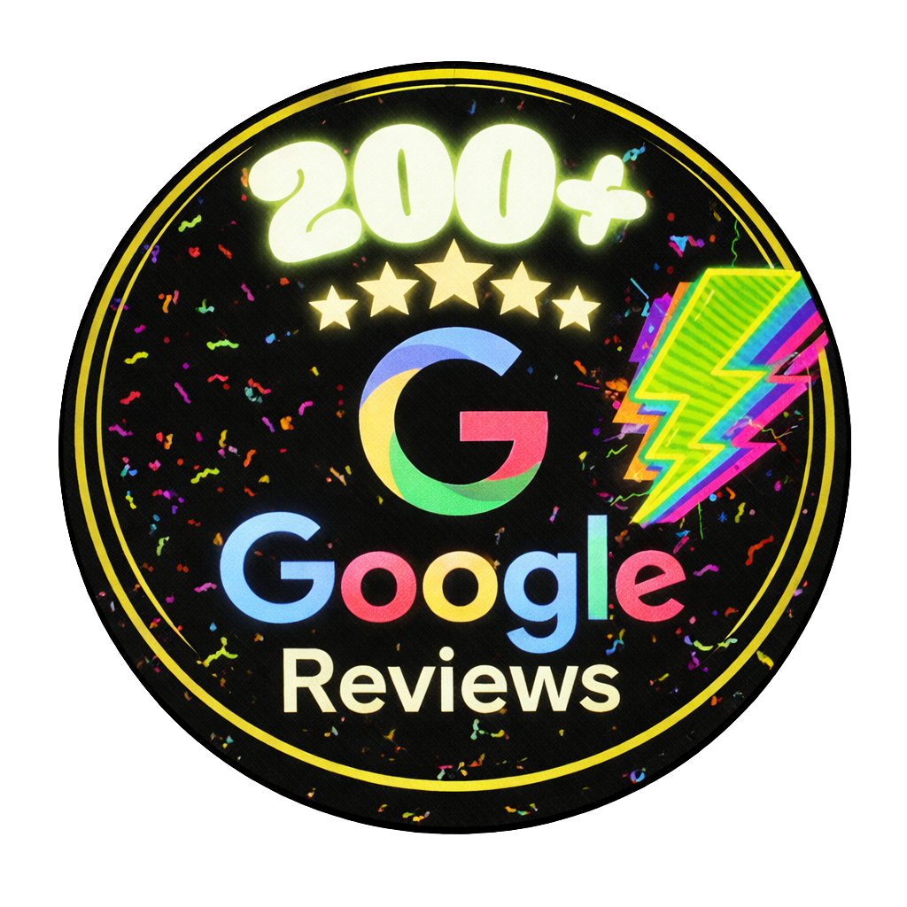 A circular badge celebrating over 200 Google reviews, featuring colorful confetti, a lightning bolt, and the Google logo at the center.