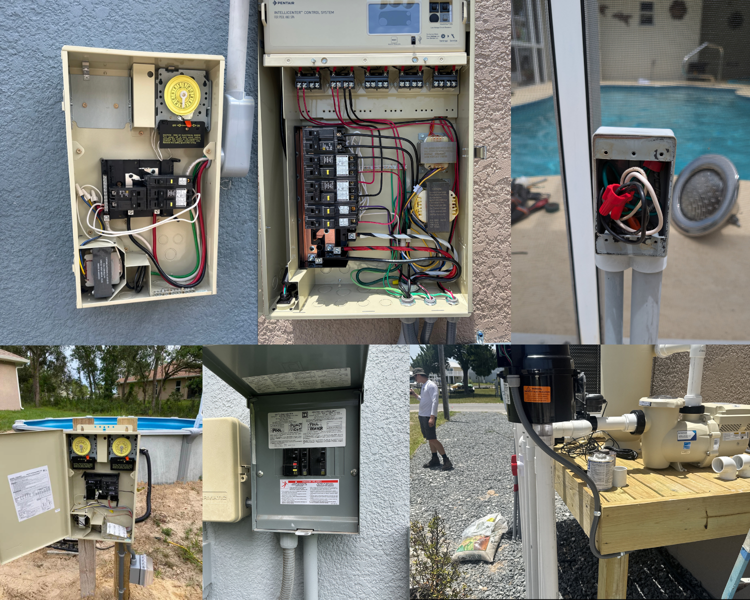 Collection of various electrical and pool equipment panels, control boxes, and wiring, including a control panel inside a house, electrical boxes outside, an open electrical panel with wiring, pool equipment with timers and gauges, and utility meters.