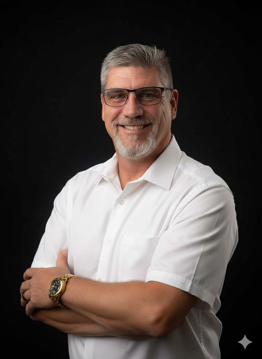 A middle-aged man with gray hair and beard wearing glasses, a white polo shirt, gray cargo shorts, and sneakers standing on a sidewalk in front of a house with a garden.