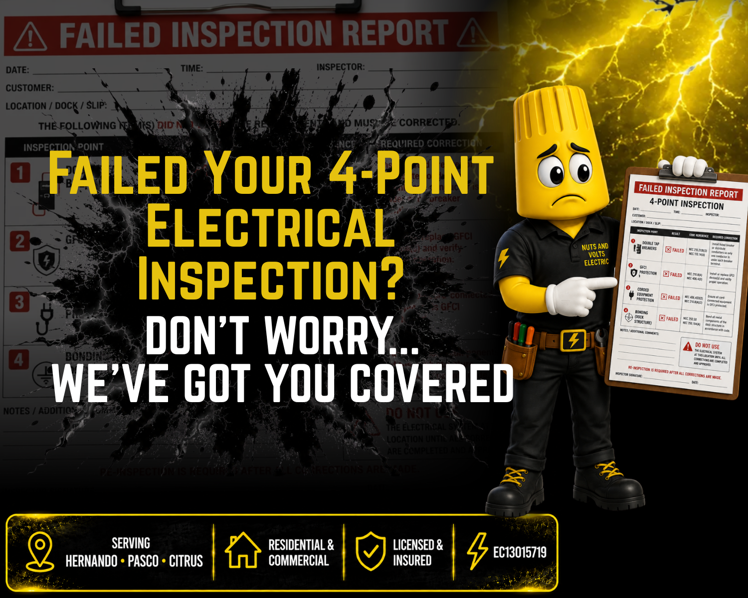 A character resembling a construction worker with a yellow head and black outfit, holding a clipboard with a failed electrical inspection report, standing in front of a lightning storm background. Text overlay says, "Failed your 4-point electrical inspection? Don't worry... we've got you covered."