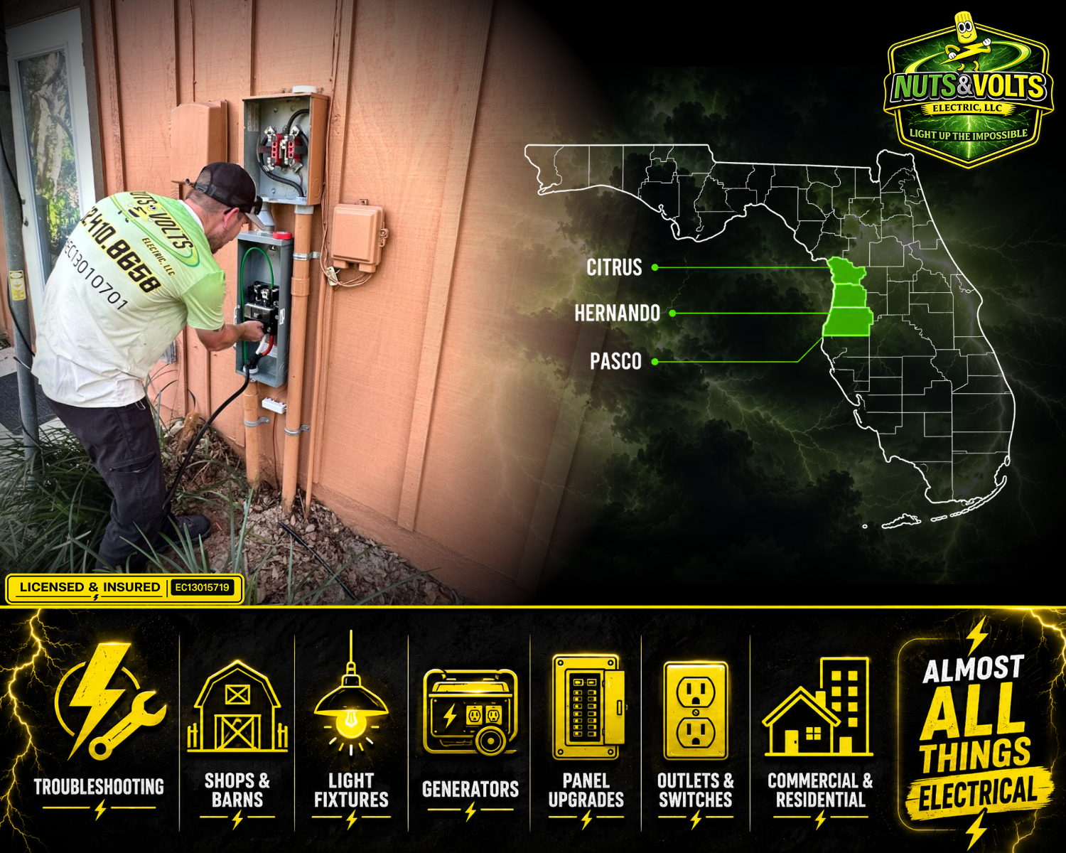 A man working on an outdoor electrical panel on a house, with a graphic map of Florida highlighting the citrus-growing regions of Citrus, Hernando, and Pasco counties.