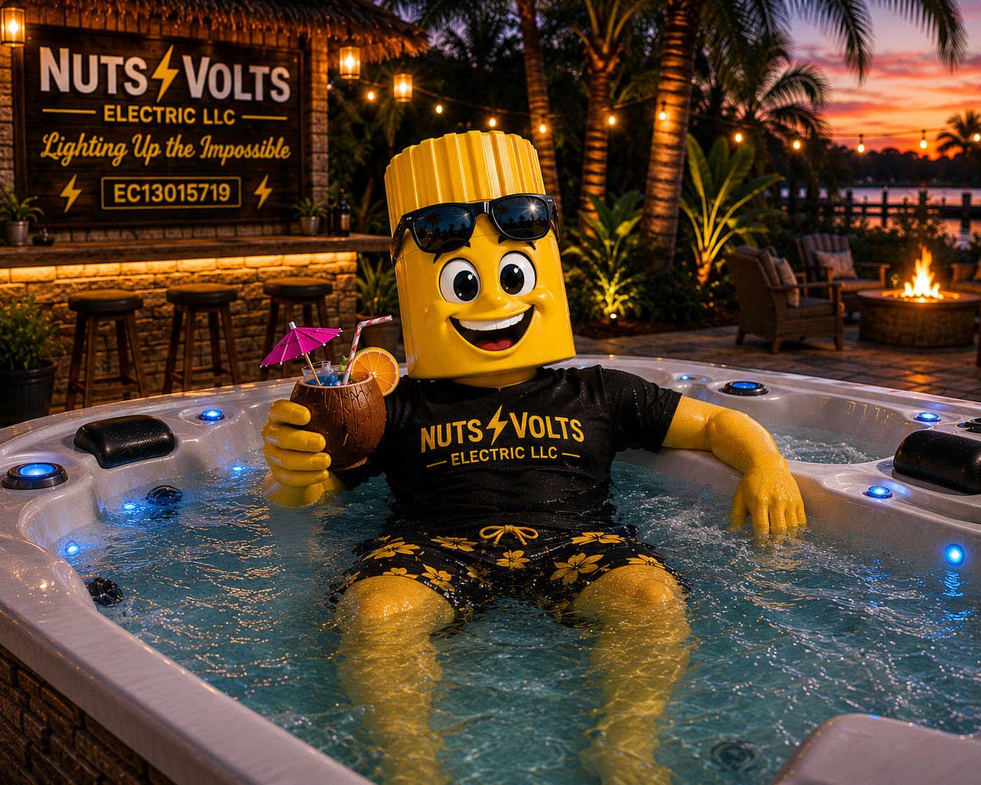 A person in a fun, cartoonish yellow LEGO head mask and sunglasses, relaxing in a hot tub at sunset, holding a tropical drink with a pink umbrella, with a backdrop featuring outdoor seating, palm trees, and decorative string lights.