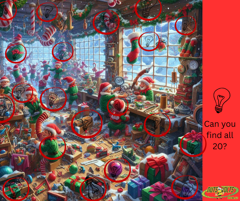 A cluttered workshop filled with elves and Christmas decorations, with Christmas lights, wrapping paper, dolls, and various tools, as seen through a large window with snow outside.