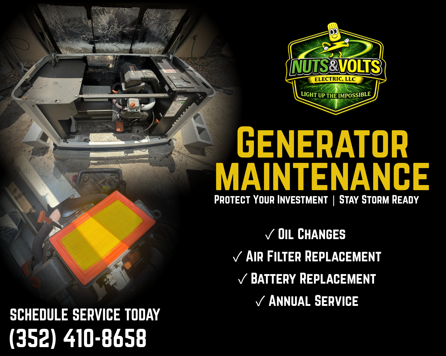 Generator maintenance services including inspections, oil changes, battery replacement, and annual service.