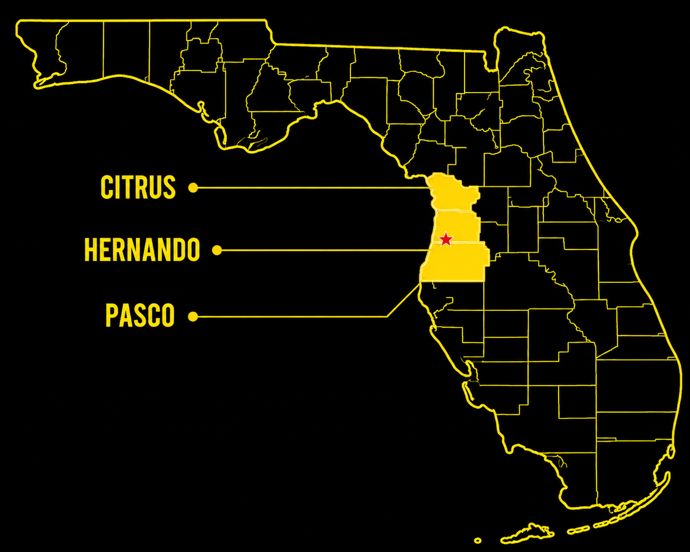 Outline map of Florida with three regions highlighted: Citrus, Hernando, and Pasco, each labeled with yellow text and connected by lines to their respective areas. A red star marks a central location in Hernando.