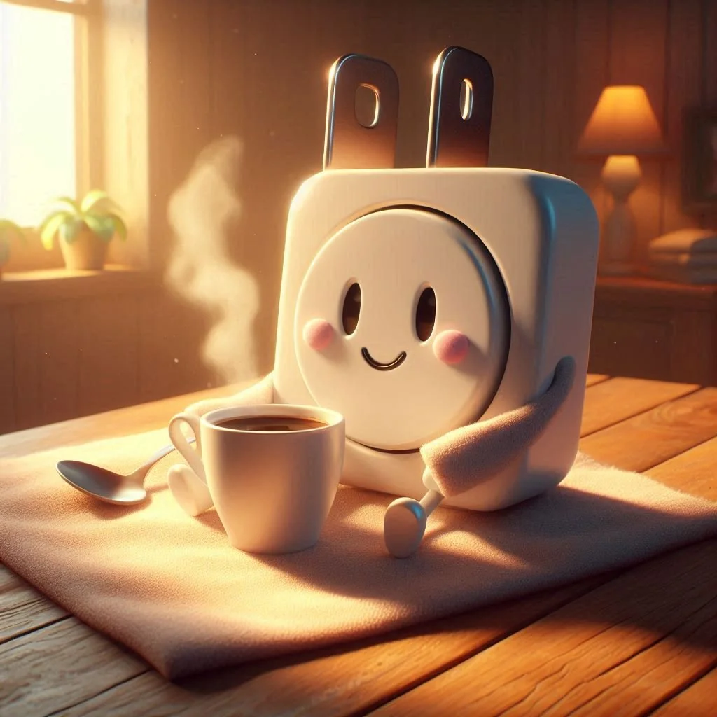 A cute, animated electrical outlet character with a happy face, pink cheeks, and limbs, sitting at a table with a steaming cup of coffee and a spoon, in a cozy room with warm lighting.
