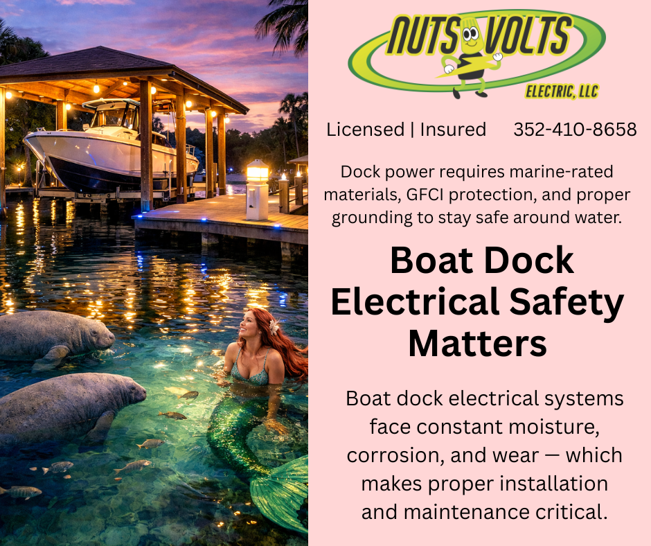 A woman in a mermaid costume swimming in water near a dock with large moles, a boat dock, and a boat under a sunset sky.