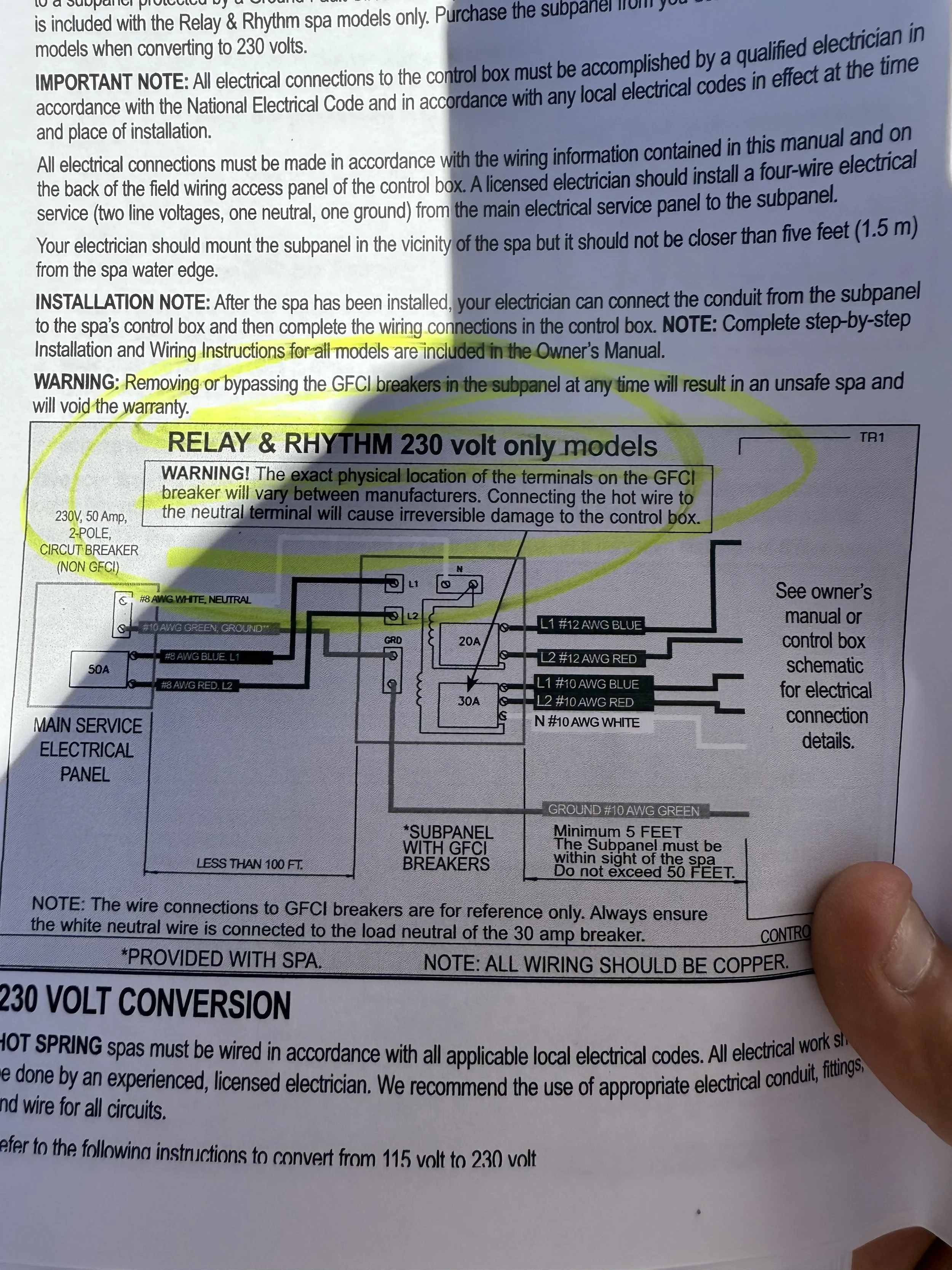 Installation instructions for spa relay and rhythm models, including warnings about electrical connections, bracket mounting, wiring, and safety precautions. Highlighted text emphasizes the relay and rhythm models, exact terminal locations, and wiring guidelines.