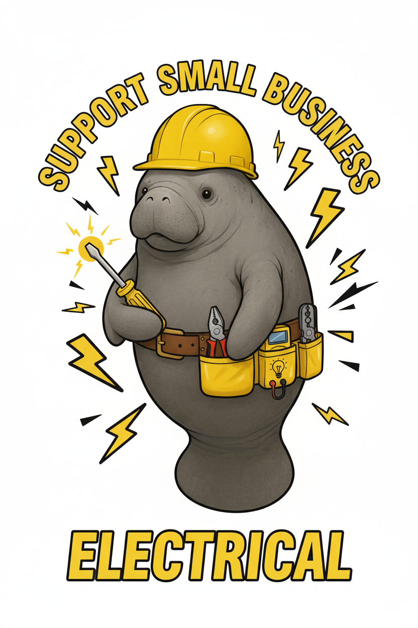 A cartoon manatee wearing a yellow hard hat and tool belt, holding a screwdriver, surrounded by yellow and black lightning bolts, with the text 'Support Small Business Electrical'.