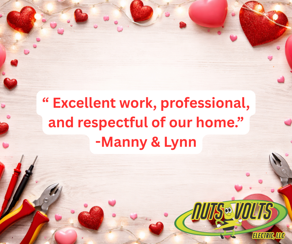Valentine's Day themed background with heart-shaped decorations, string lights, and electrical tools, featuring an indoor electrical company logo and a customer testimonial about professional work.