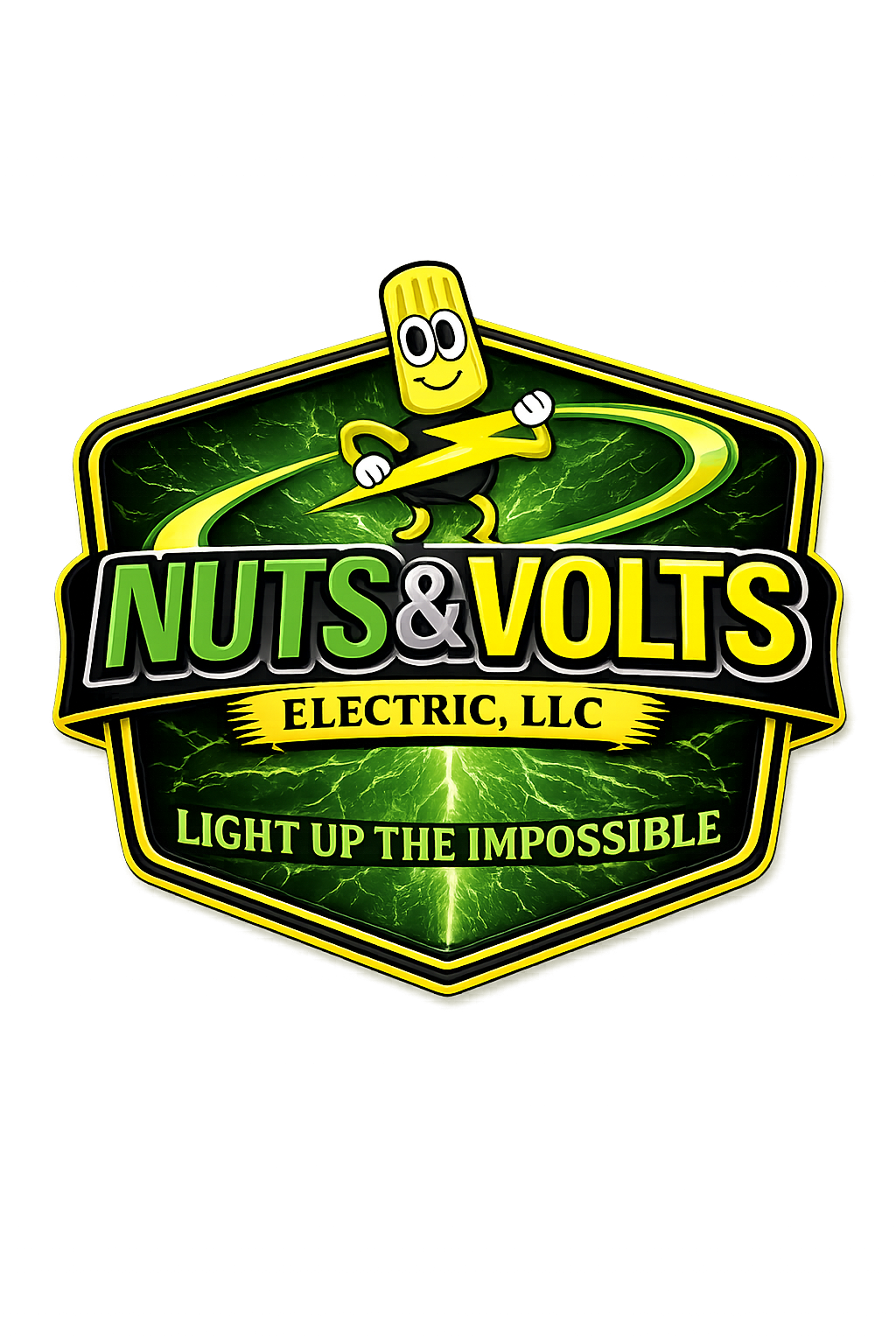 Logo for Nuts & Volts Electric, LLC showing a cartoon light bulb with a smile, crossing lightning bolts, with the slogan 'Light Up the Impossible' in green and yellow text.