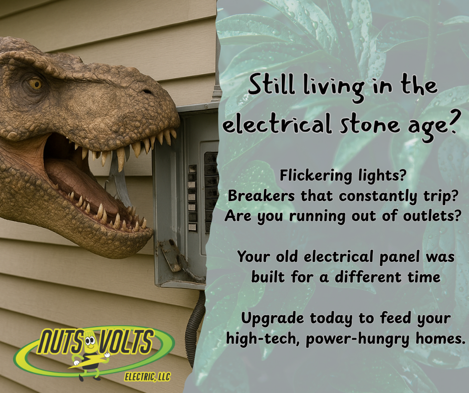 A dinosaur head, resembling a T-Rex, with mouth open near an electric panel on a house's exterior wall. Overlaid text discusses home electrical system upgrades.