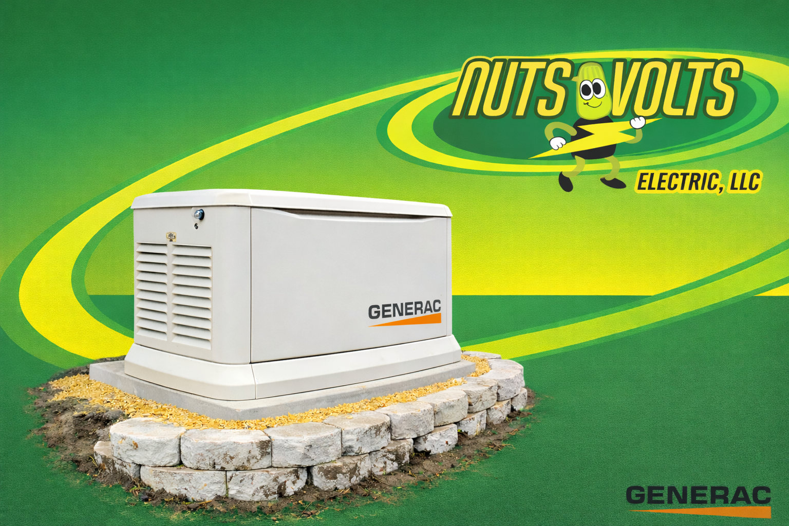 A white Generac generator on a stone platform with a green and yellow background featuring the Nuts Volt Electric, LLC logo and cartoon mascot.