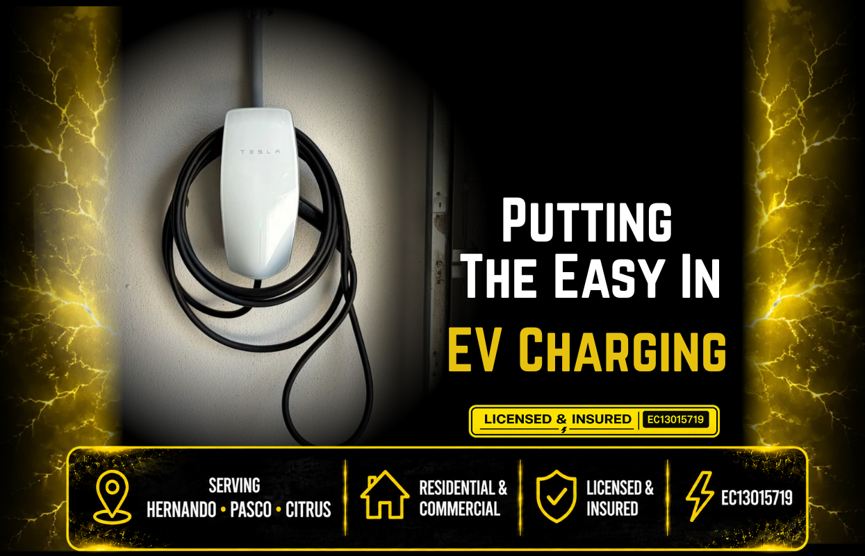 An EV charging station wall-mounted with a Tesla charger and cable, featuring a yellow and black border with lightning effects, and text about EV charging services in Hernando, Pasco, and Citrus, indicating licensed and insured with license number EC13015719.