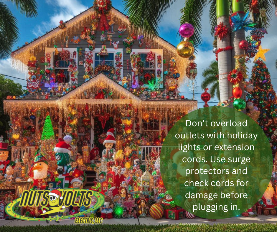 A house decorated for Christmas with colorful holiday lights, ornaments, and Christmas decorations, with palm trees in the background.