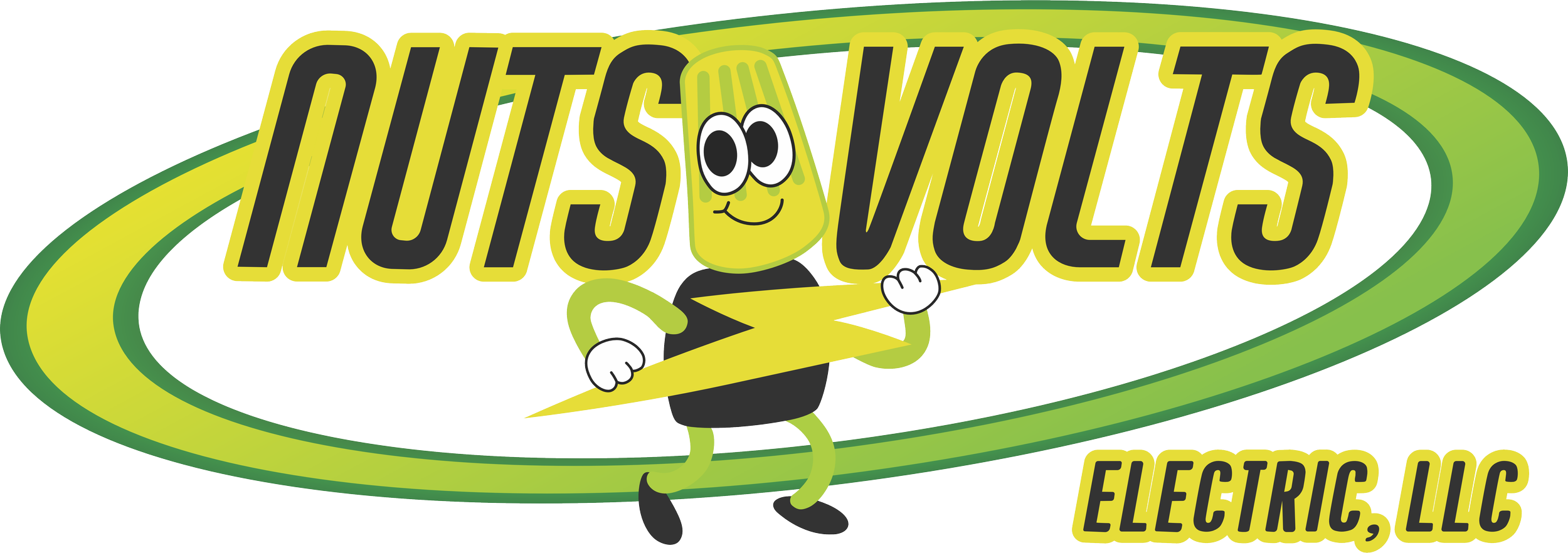 Logo of a green cartoon character with a lightning bolt, holding a lightning bolt, with the text "Nuts and Volts Electric, LLC" and a green oval background.