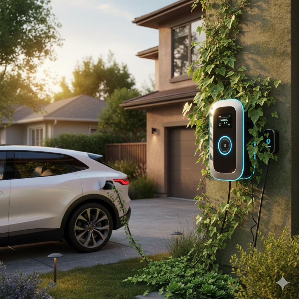 An electric car is charging at a wall-mounted charging station on a residential driveway during sunset, with a house and trees in the background.