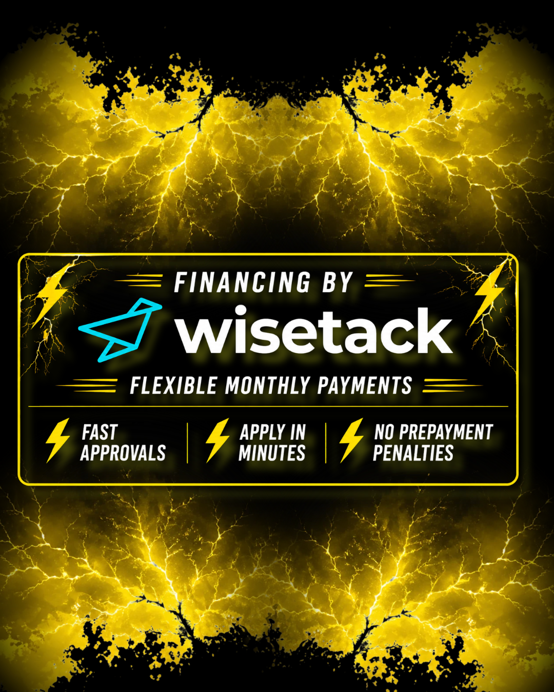 Advertisement for Wisetack financing with lightning background. Highlights include fast approvals, apply in minutes, no prepayment penalties, and mentions flexible monthly payments.