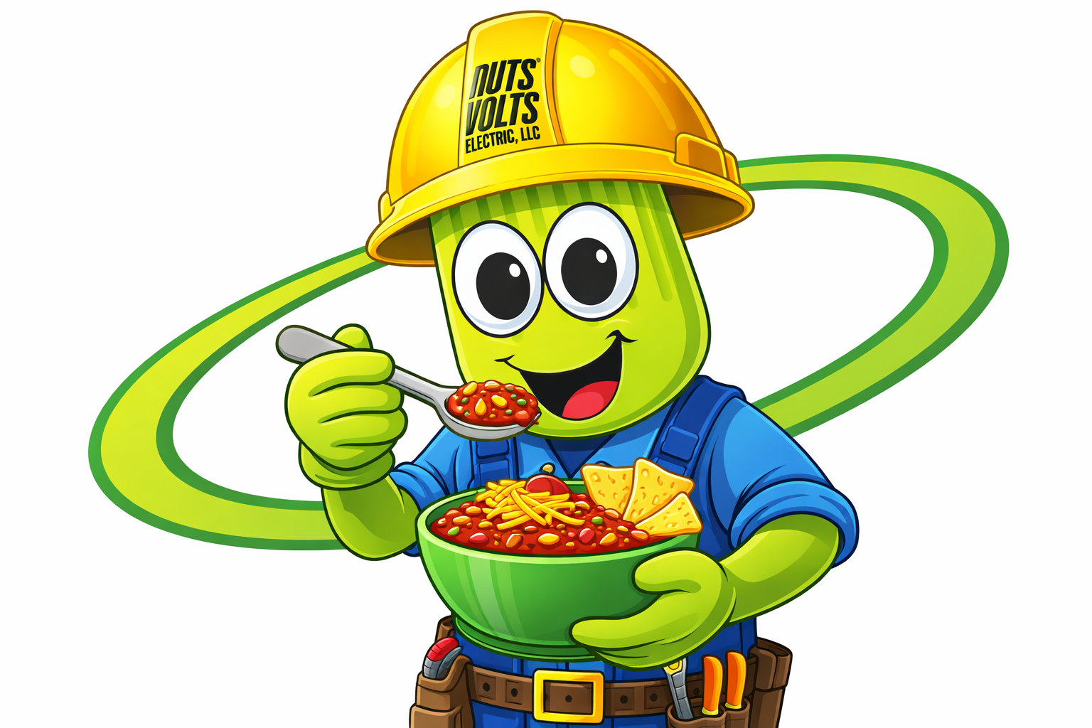 Cartoon character with a green body, big eyes, wearing a yellow construction helmet with VOLTS ELECTRIC, LLC' written on it, a blue shirt, tool belt, and smiling while holding a large green bowl of chili with cheese and nacho chips, and eating a spoonful of chili.