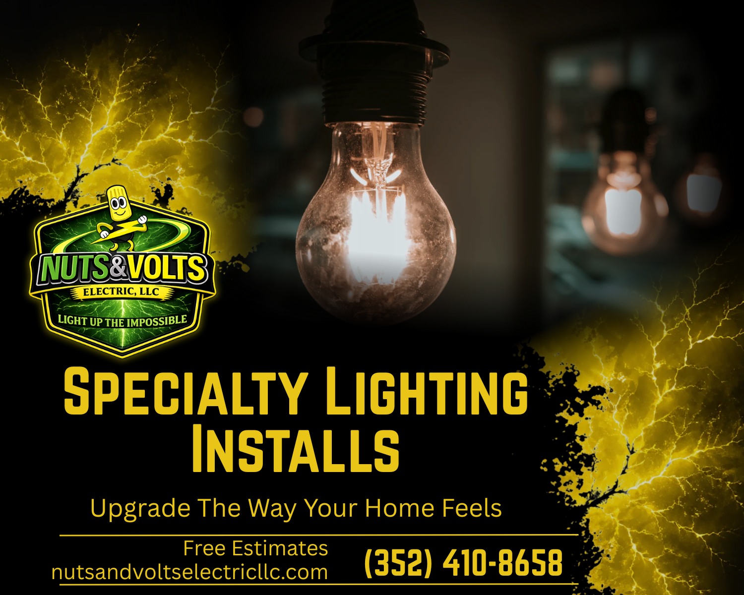 An advertisement for Nuts & Volts Electric, LLC promoting specialty lighting installations with a glowing light bulb and a background of yellow lightning and dark storm clouds. The ad includes a logo with a cartoon character, and contains contact information and a website.