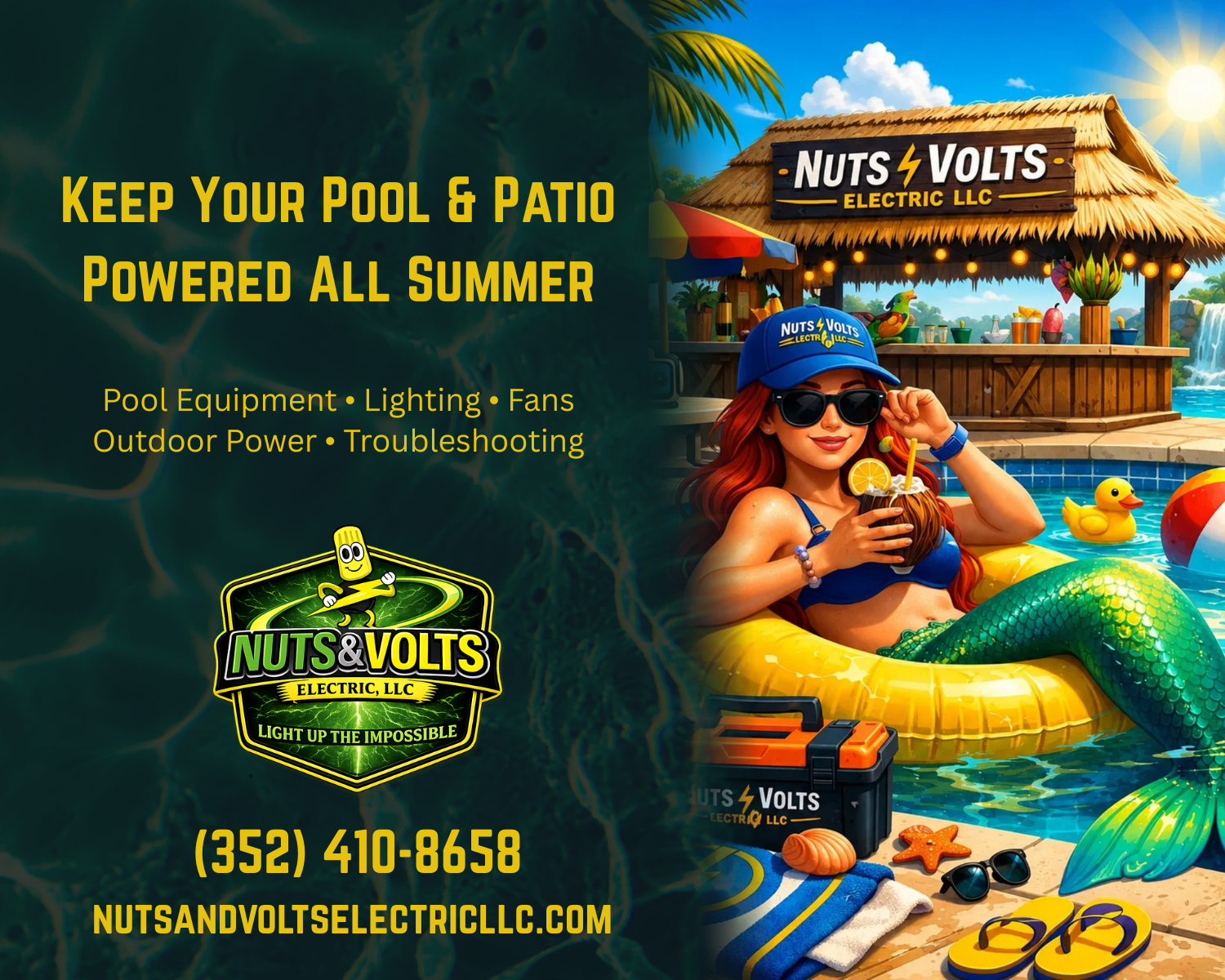 A woman with red hair wearing sunglasses, a blue cap, and a blue swimsuit, relaxing on an inflatable pool float in a backyard pool. There is a tiki hut, a duck pool float, a beach ball, sunglasses, flip-flops, and a cooler nearby. The scene is sunny with a clear sky and palm trees.